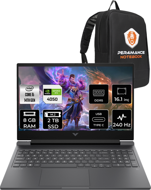 Victus 16 i5 14500HX 8GB 2TB SSD RTX4050/6GB 240HZ 16.1'' QHD FDOS 9J204EA & PER4 Çanta