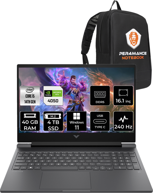 Victus 16 i5 14500HX 40GB 4TB SSD RTX4050/6GB 240HZ 16.1'' QHD W11H 9J204EA & PER4 Çanta
