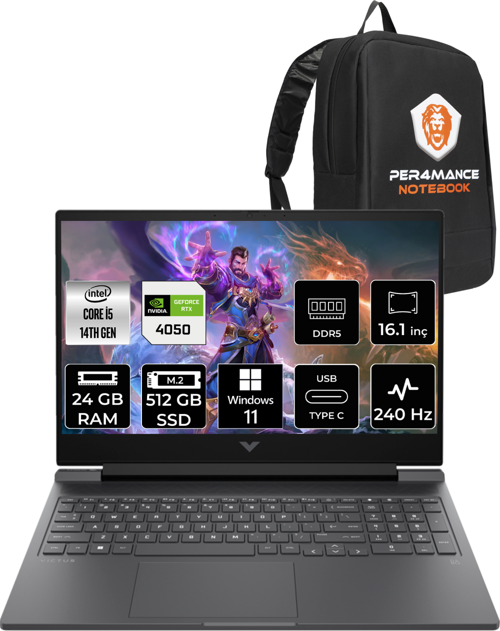 Victus 16 i5 14500HX 24GB 512GB SSD RTX4050/6GB 240HZ 16.1'' QHD W11PRO 9J204EA & PER4 Çanta