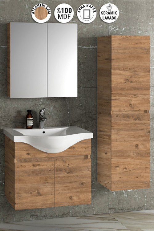 Yıldız 55+35 cm Atlantik Çam MDF Seramik Lavabolu Asma Banyo Dolabı Takımı