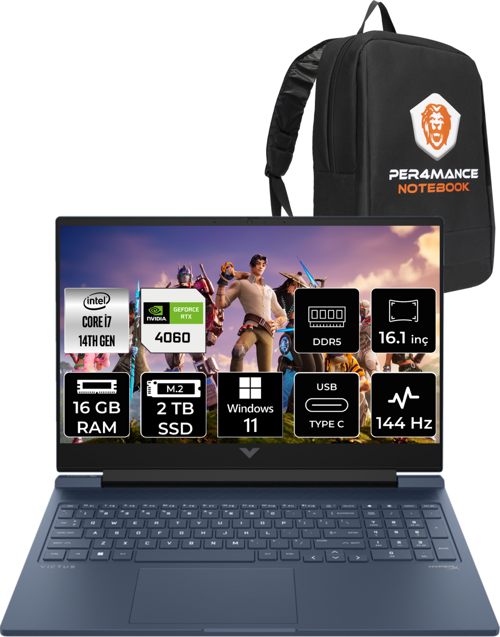 Victus 16 i7 14700HX 16GB 2TB SSD RTX4060/8GB 144HZ 16.1'' FHD W11H 9J205EA & PER4 Çanta