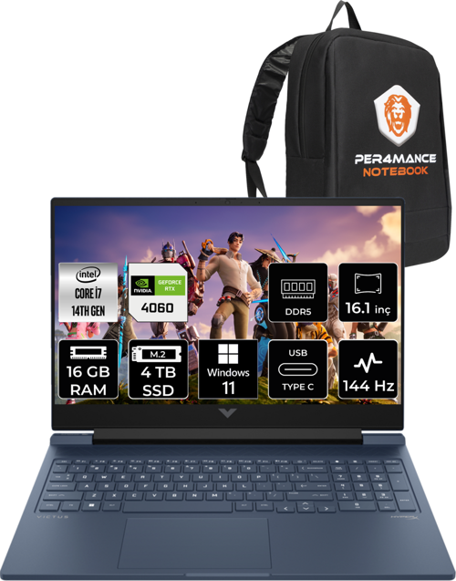 Victus 16 i7 14700HX 16GB 4TB SSD RTX4060/8GB 144HZ 16.1'' FHD W11H 9J205EA & PER4 Çanta