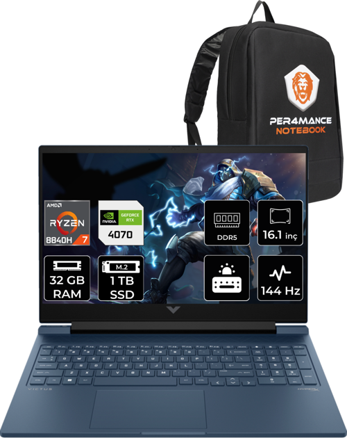 Victus 16 R7 8840H 32GB RAM 1TB SSD RTX4070/8GB 144HZ 16.1'' FHD FDOS A05N7EA & PER4 Çanta