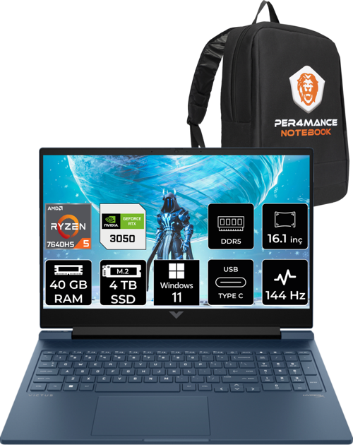 Victus 16 R5 7640HS 40GB 4TB SSD RTX3050/6GB 144HZ 16.1'' FHD W11HOME 7Z4N2EA & PER4 Çanta