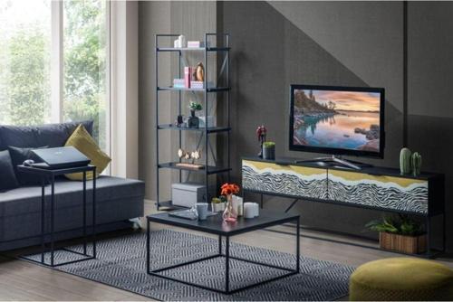 Tv Ünitesi, Orta Sehpa, Yan Sehpa, Kitaplık, Siyah, 4'lü Set, Metal Ayaklı, Khumba Oda Seti