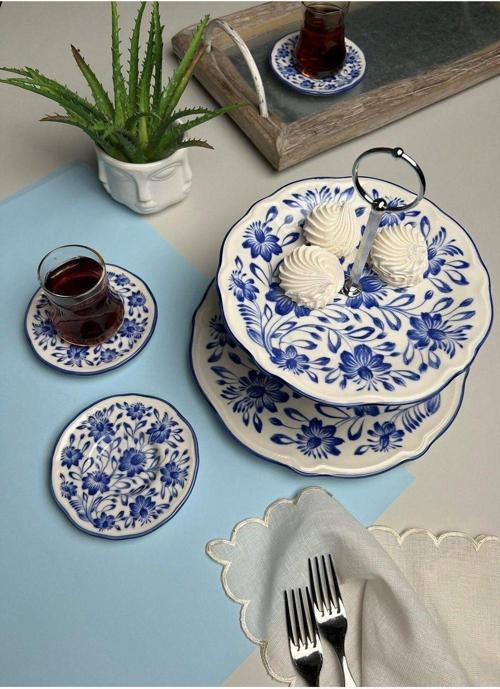 Mess Fulya Porselen Katlı Kurabiyelik Ve 6 Lı Çay Tabağı 12Cm