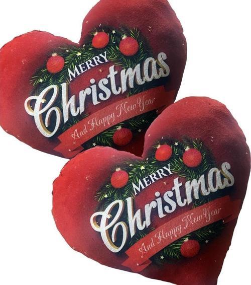 Yeni Yıla Özel: Merry Christmas Baskılı 2 Adet Kalp Yastık