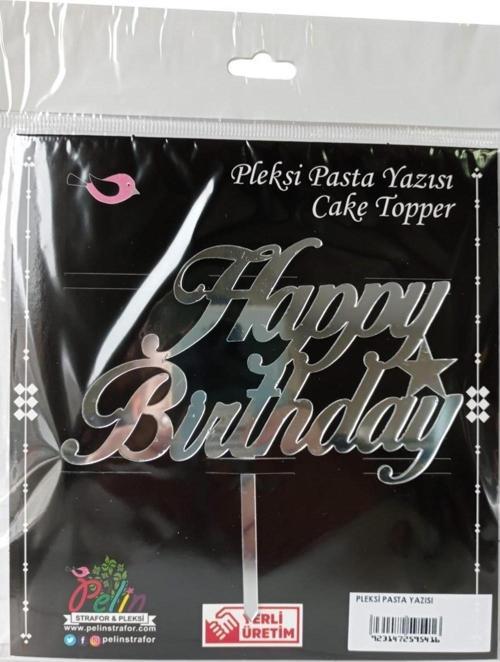 Happy Birthday Yazılı Aynalı Pleksi Gümüş