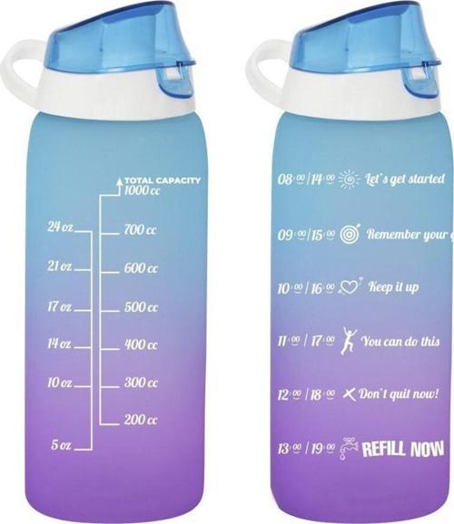 Matara Çift Renk Boyalı Ölçü Baskılı Mavi 1 Litre Motivasyon Matara Suluk