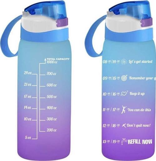 Matara Çift Renk Boyalı Ölçü Baskılı Mavi 1 Litre Motivasyon Matara Suluk