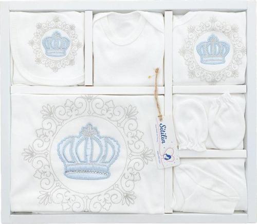 Erkek Bebek İşlemeli Taçlı Hastane Çıkışı 10 Lu Yenidoğan Set STL4885