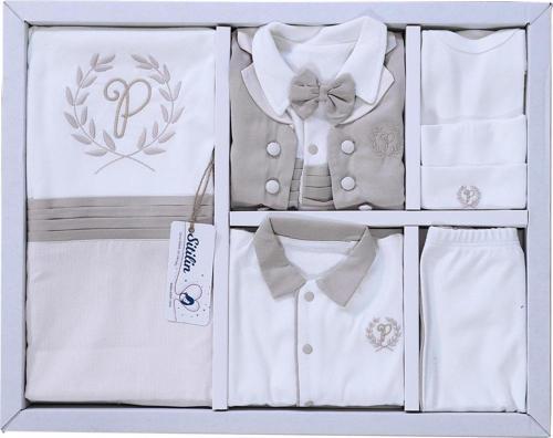 Erkek Bebek Kahverengi Hastane Çıkışı Papyon Yelekli 10 Lu Set STL6452