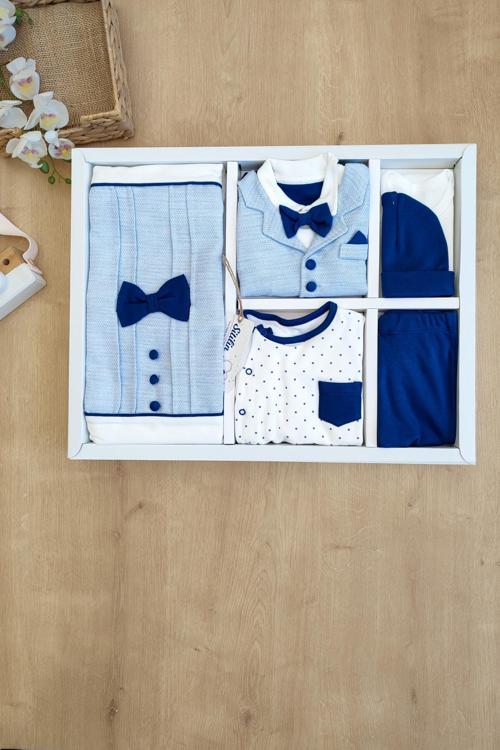 Erkek Bebek Mavi Hastane Çıkışı Papyon Yelekli 10 Lu Set STL6167