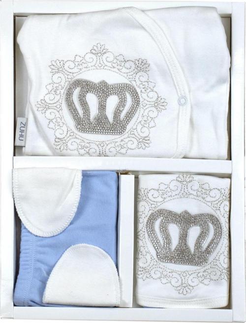 Erkek Bebek Mavi Prens Taşlı Lüks 5 Li Hastane Çıkışı Yenidoğan Seti STL6216