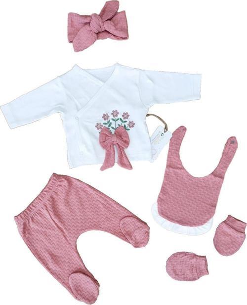 Kız Bebek 5 Li Hastane Çıkışı Pembe Süslü Zıbın Seti STL5183