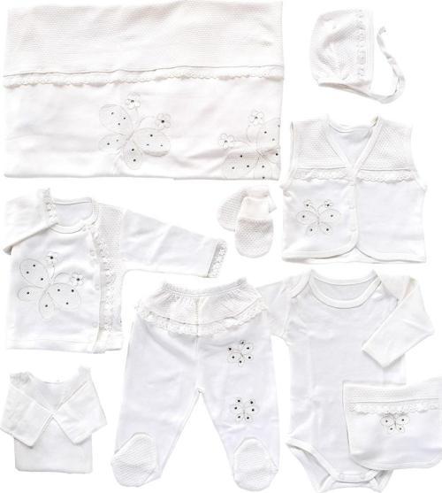 Kız Bebek Ekru Kelebekli Fistolu % 100 Pamuk 10 Lu Hastane Çıkışı Seti STL6512