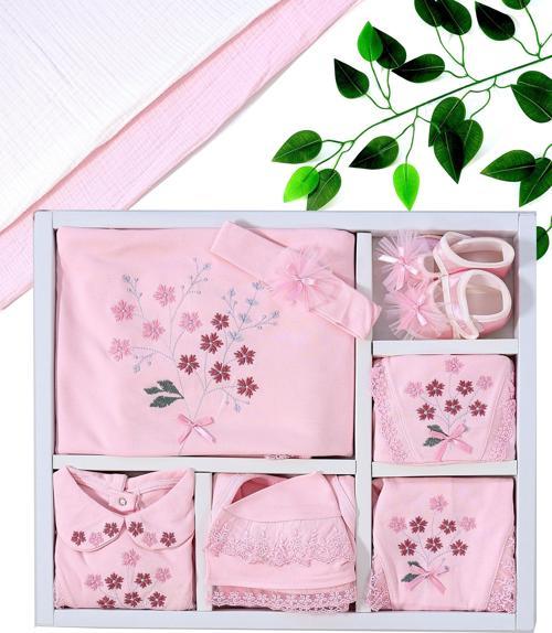 Kız Bebek Pembe Süslü Dantelli Kanaviçeli % 100 Pamuk 10 Lu Hastane Çıkışı Seti STL6559