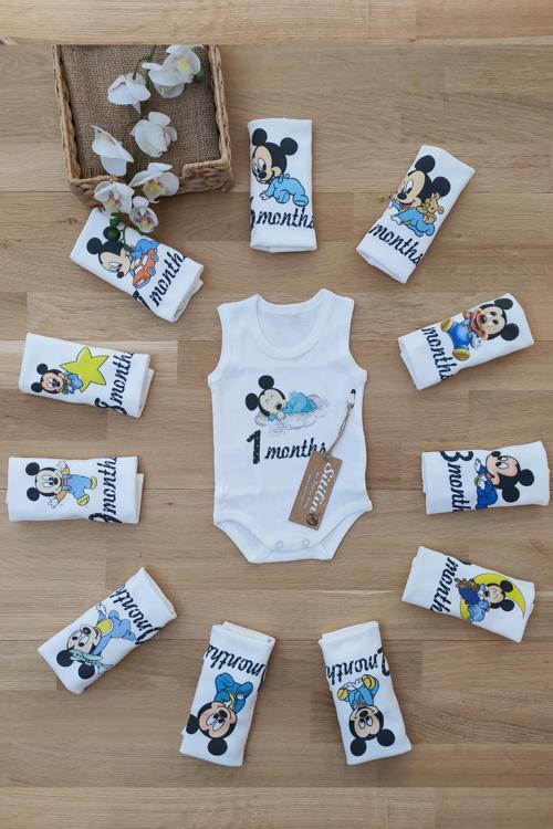 Aylık Erkek Badi Set 12 Ay Her Ay Özel Minni Baskılı Uzun Kollu Çıtçıtlı Body STL4871