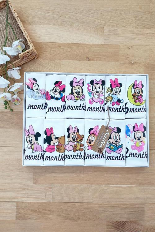 Aylık Kız Badi Set 12 Ay Her Ay Özel Mickey Baskılı Kolsuz Kollu Çıtçıtlı Kız Body STL4870