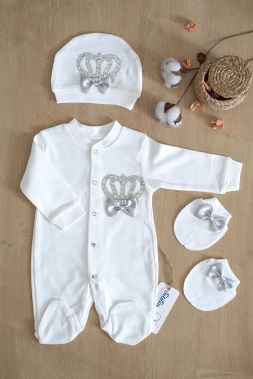 Erkek Bebek Papyonlu Gri Kral Taşlı Süslü Tulum Seti 0-3 Ay STL6371