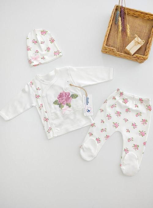 Kız Bebek 3 Lü Kanaviçeli  Hastane Çıkışı Bebek Takımı Seti STL5023