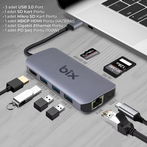 Bx10hb Pro 8 in 1 Type C Hub Dönüştürücü Çevirici Çoklayıcı