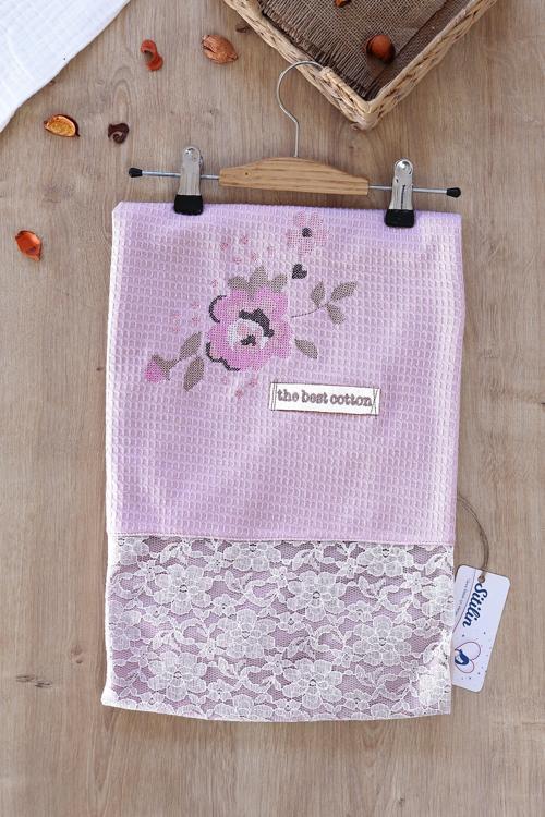 Kız Bebek Çift Katlı Kanaviçe ve Dantel Detaylı Natural Penye Battaniye STL6593