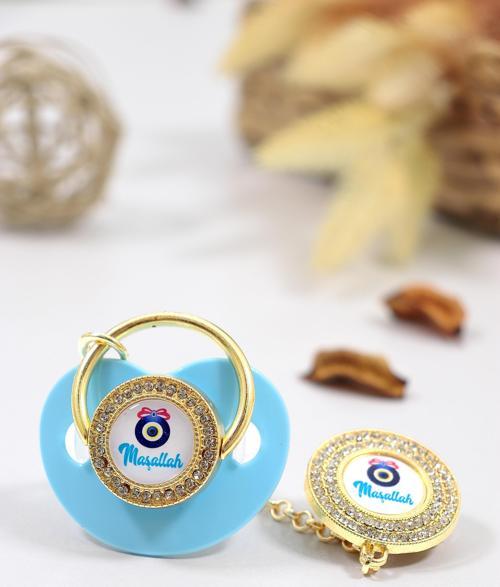 Erkek Bebek Mavi İthal Lüks Kristal Swarovski Taşlı Emzik Zincirli Askı Hediye Seti STL6643