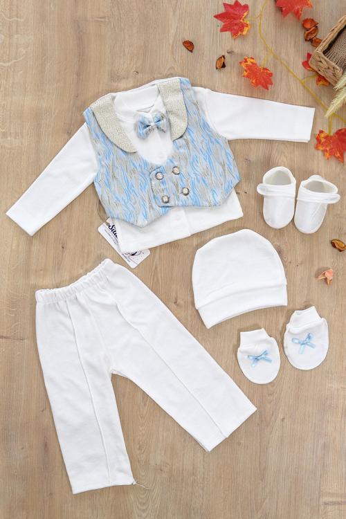 Erkek Bebek Yelekli Papyonlu Prens Mevlit Takımı Lüks Özel Gün ve Mevlütlük Süslü Set 0-3 AY STL6529
