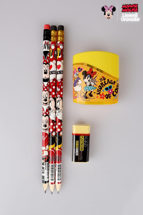 LİSANSLI MINNIE MOUSE 3 ADET SİLGİLİ KURŞUN KALEM,Kalemtıraş VE SİLGİ KIRTASİYE SETİ