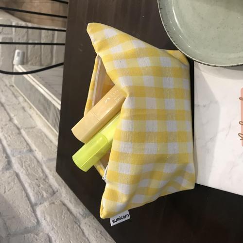 Sarı Pötikareli Yıkanabilir Fermuarlı Tek Gözlü Bez Kalemlik Kalem Kutusu Cüzdan Makyaj Çantası