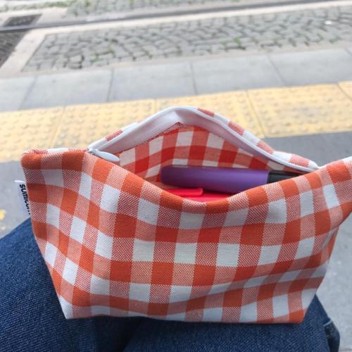 Turuncu Pötikareli Yıkanabilir Fermuarlı Tek Göz Bez Kalemlik Kalem Kutusu Cüzdan Makyaj Çantası