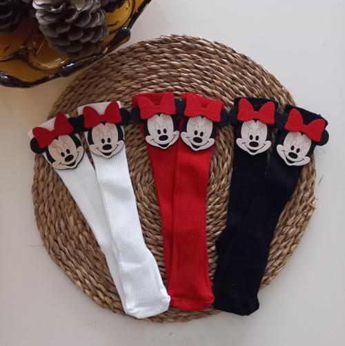 Kız Bebek Beyaz Kırmızı Siyah Mickey Minnie Mouse Keçe Figürlü Dizaltı Çorap
