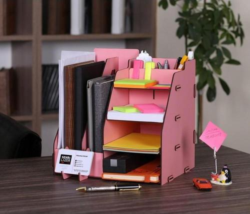 Evrak Rafı Ahşap Organizer Masa Üstü Düzenleyici Pembe