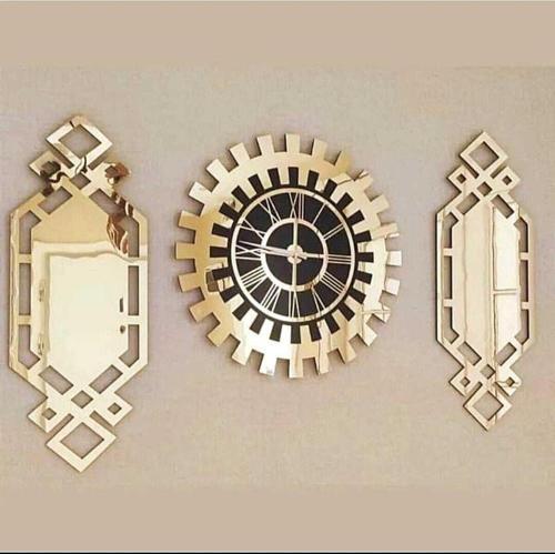 Altın Renk Plexiglass Ayna Piyano Model Duvar Saati, Tablo 3 Parça Set Özel Tasarım
