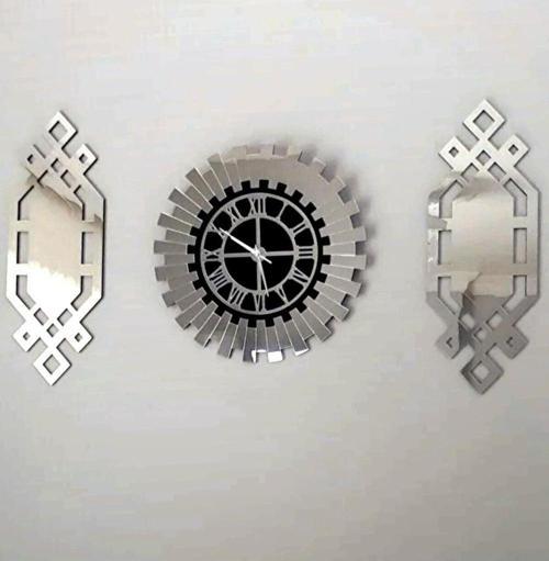 Gümüş Renk Plexiglass Ayna Piyano Model Duvar Saati, Tablo 3 Parça Set Özel Tasarım