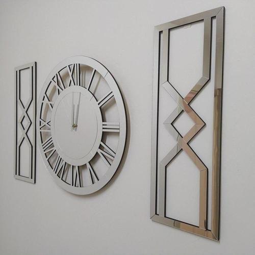 Modern Dekoratif Gümüş Aynalı Plexiglass Duvar Saati, 2 Adet Kum Saati Tasarım Tablo 3 Parça Set