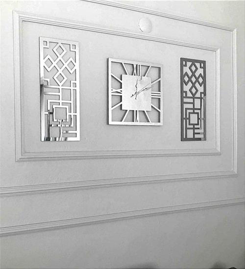 Modern Dekoratif Saat Duvar Tablo Saat 3'Lü Set. Gümüş Kare Saat, Geometrik Şekil Yan Tablolar.