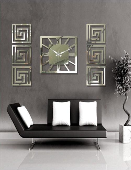 Modern Şık Dekoratif 6 Tablo + Orta Aynalı Gümüş Plexiglass Kare Saat 7 Parça Takım Özel Dizayn Set