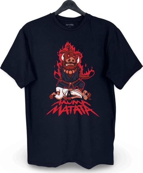 Akuma Matata Baskılı Loose Fit Bisiklet Yaka Unisex Tişört Siyah Anime Manga