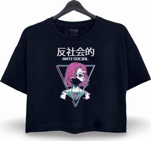 Anti Sosyal Bulanık Baskılı Oversize Crop Tişört Siyah