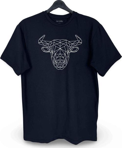 Geometrik Boğa Baskılı Loose Fit Bisiklet Yaka Unisex Tişört Siyah
