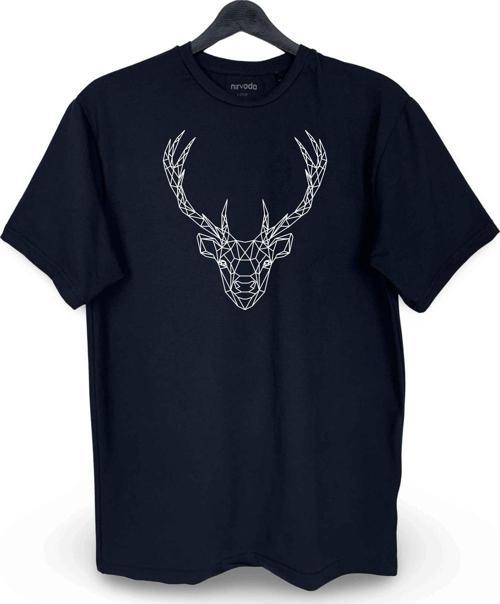 Geometrik Geyik Baskılı Loose Fit Bisiklet Yaka Unisex Tişört Siyah