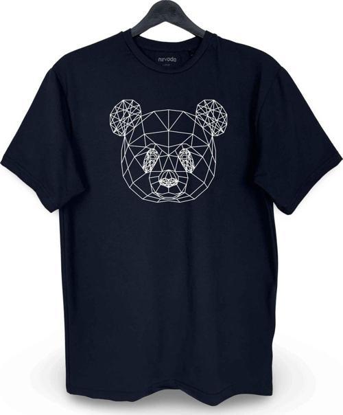 Geometrik Panda Baskılı Loose Fit Bisiklet Yaka Unisex Tişört Siyah