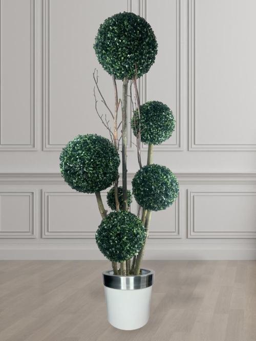 Yapay Ağaç Gümüş Kemerli Beyaz Galvaniz Saksıda Yeşil Top Şimşir Ağacı 6 Toplu 175 cm Yapay Çiçek