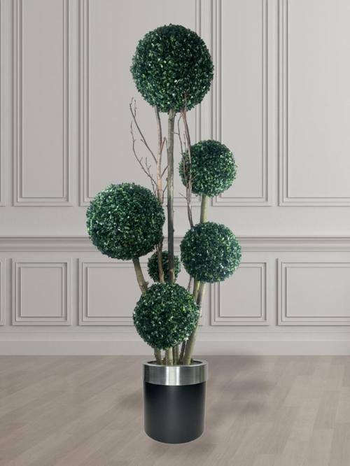 Yapay Ağaç Gümüş Kemerli Siyah Galvaniz Saksıda Yeşil Top Şimşir Ağacı 6 Toplu 175 cm Yapay Çiçek