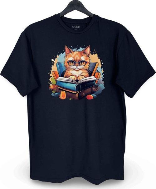 Öğrenci Sarman Sarı Kedi Baskılı Loose Fit Bisiklet Yaka Unisex Tişört Siyah