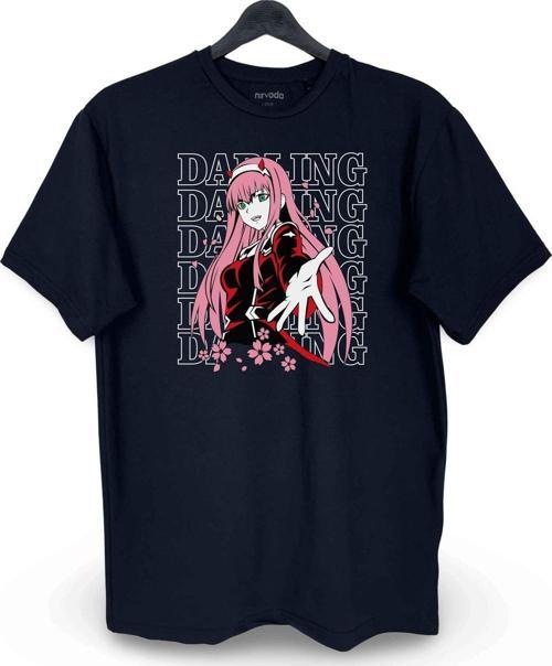Zero Two Darling Baskılı Loose Fit Bisiklet Yaka Unisex Tişört Siyah