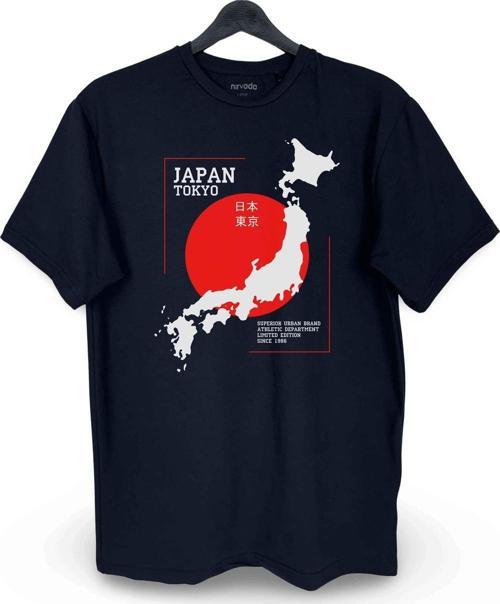 Japonya Harita Tokyo Yazılı Baskılı Loose Fit Bisiklet Yaka Unisex Tişört Siyah