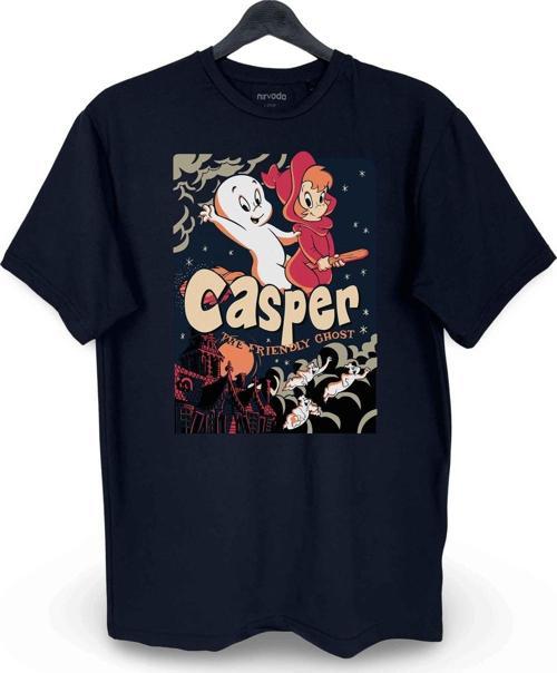 Sevimli Hayalet Casper Nostalji Baskılı Loose Fit Bisiklet Yaka Unisex Tişört Siyah